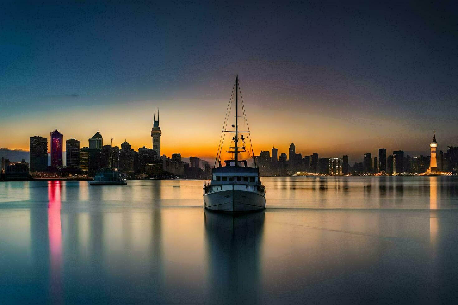 a boat sits in the water at sunset with the city skyline in the background. AI-Generated photo