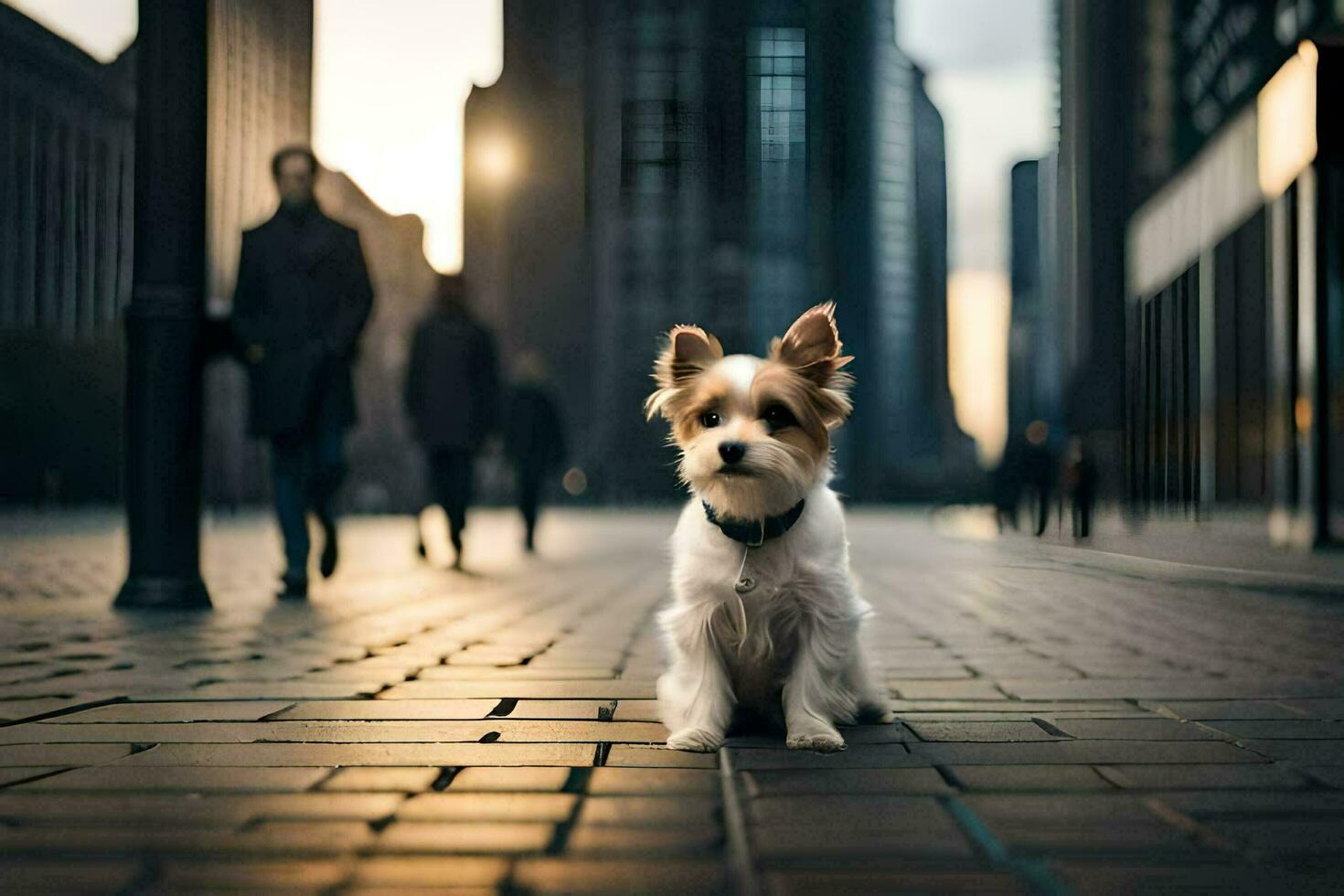 a small dog is sitting on the sidewalk in front of a city. AI-Generated photo