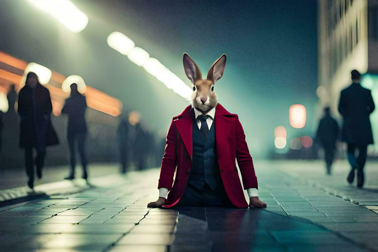 a rabbit wearing a red coat and tie sitting on the ground. AI-Generated photo