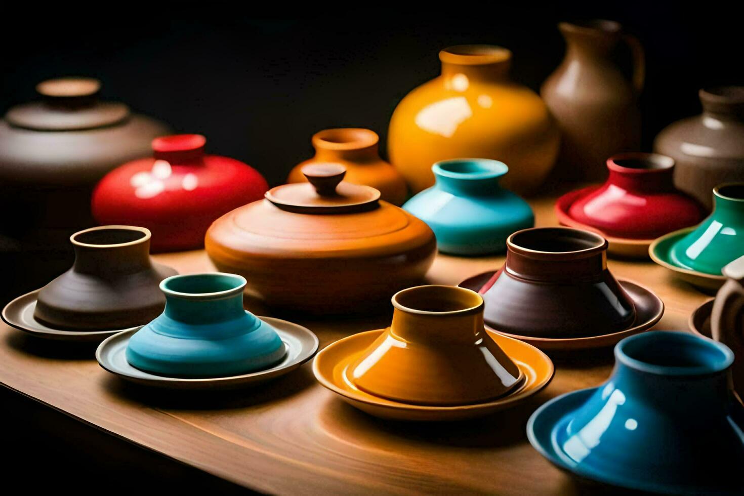 a collection of colorful pottery on a table. AI-Generated photo