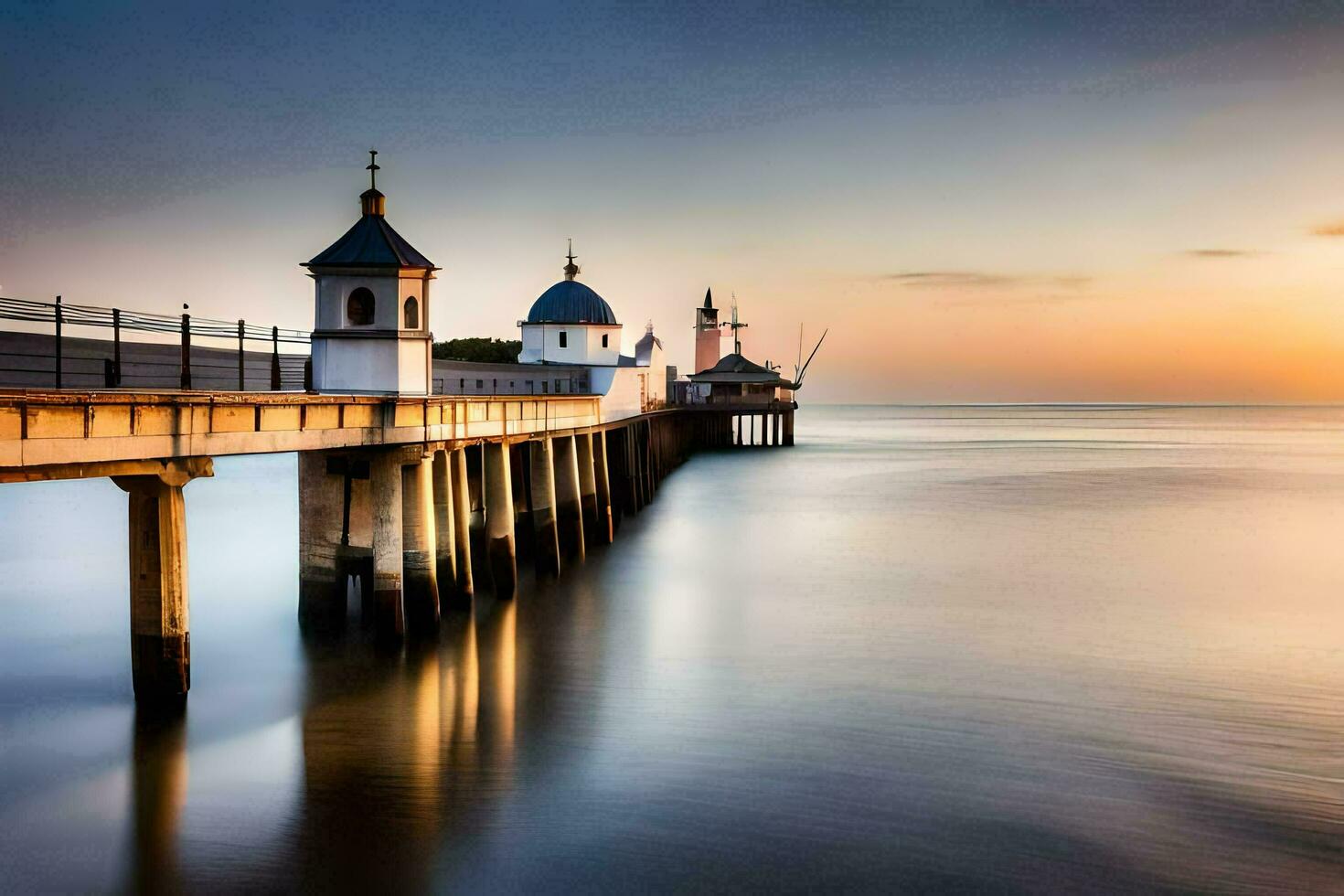 a long exposure photograph of a pier at sunset. AI-Generated photo