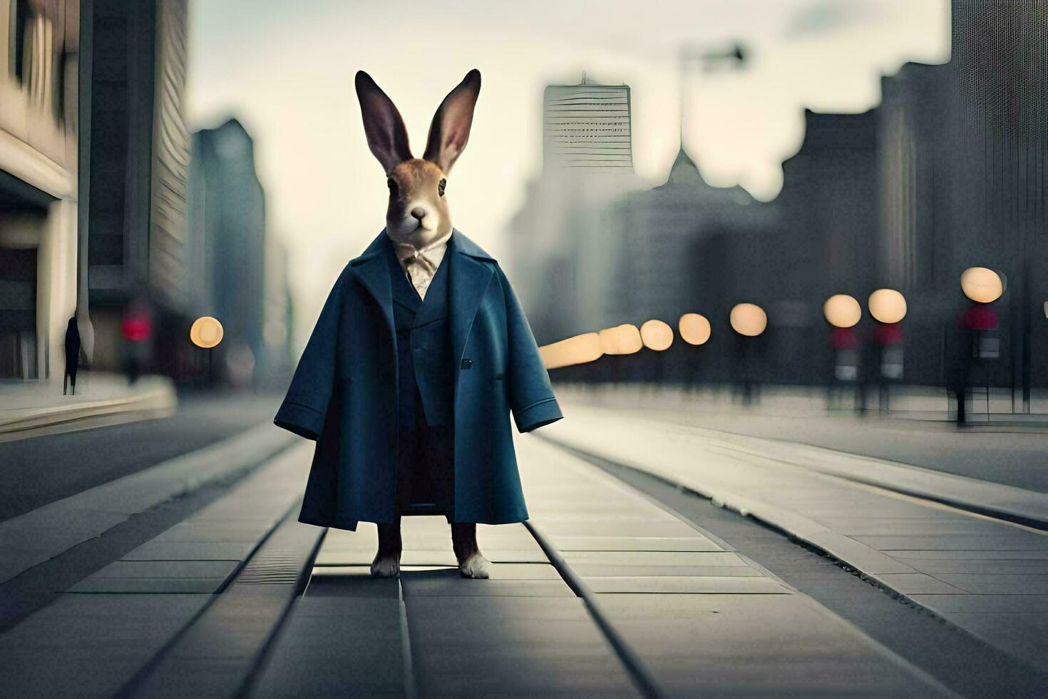 a rabbit dressed in a suit and tie stands on a street. AI-Generated photo