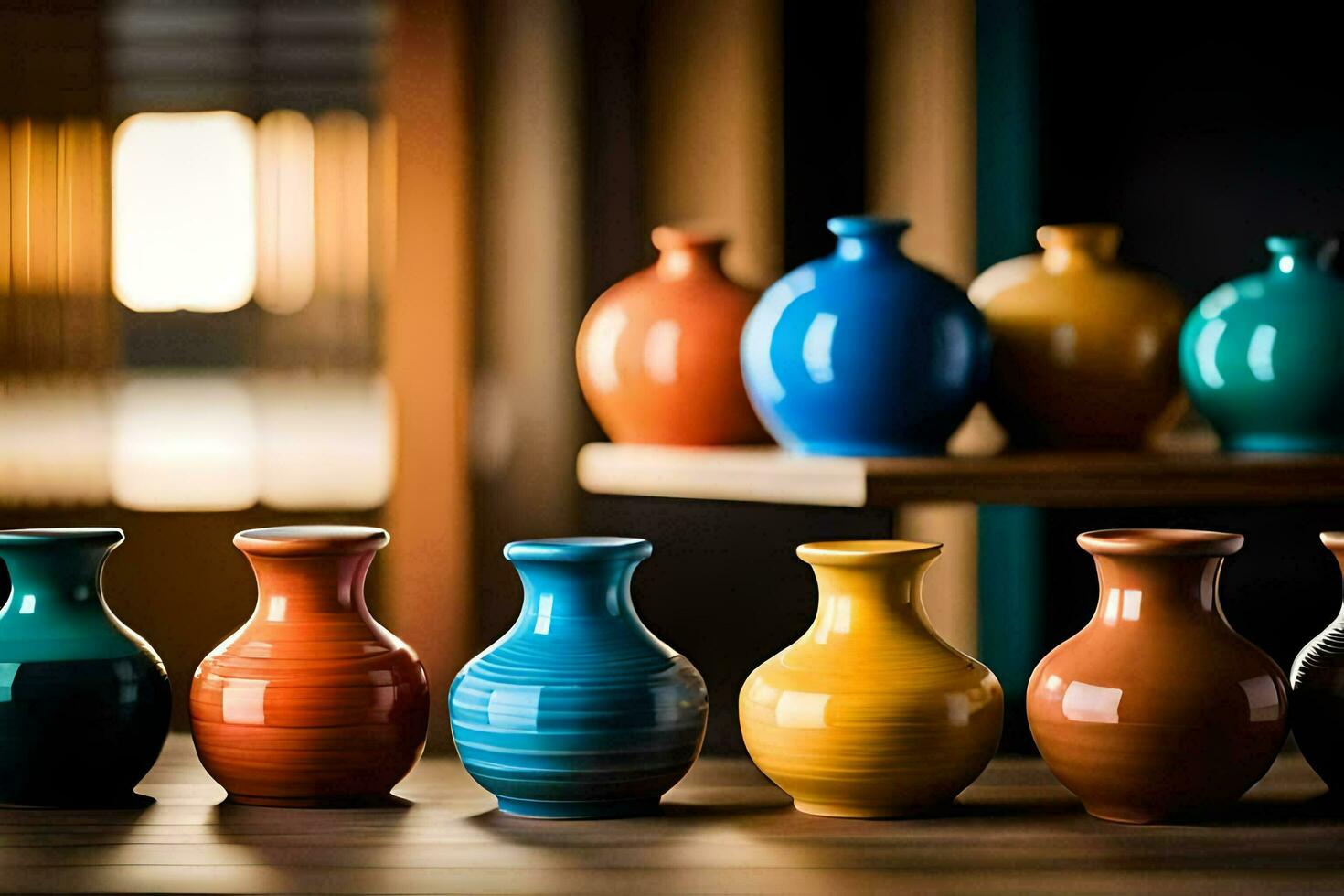 a row of colorful vases on a wooden table. AI-Generated photo