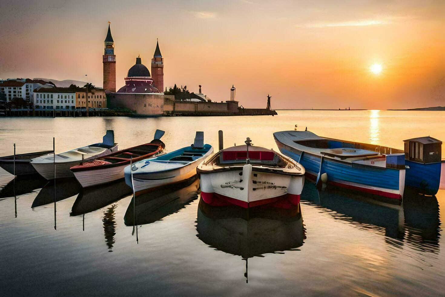 boats docked at the shore of a lake with a church in the background. AI-Generated photo