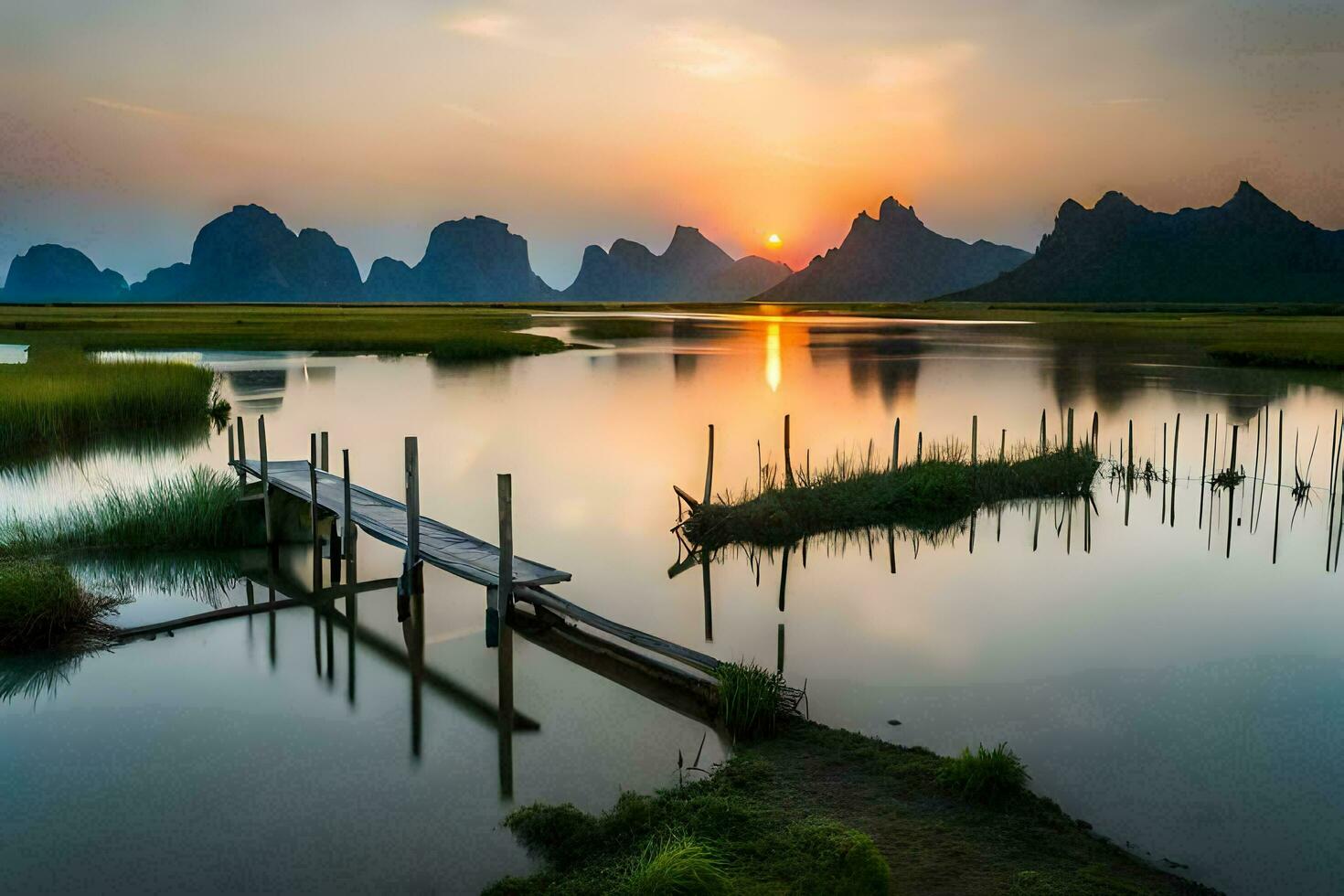 the sun rises over a lake and mountains in china. AI-Generated photo