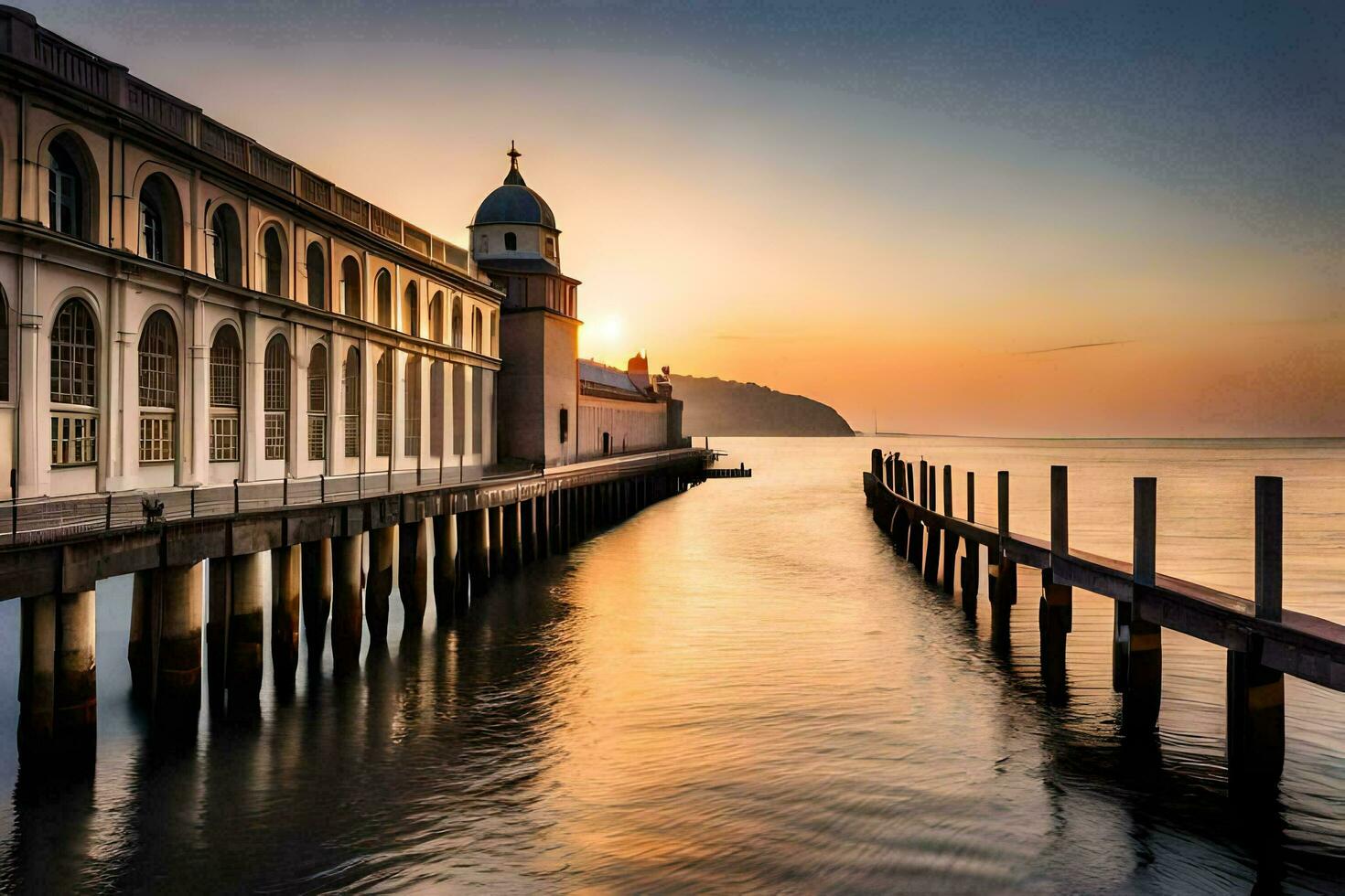 a pier with a building and a lighthouse at sunset. AI-Generated photo