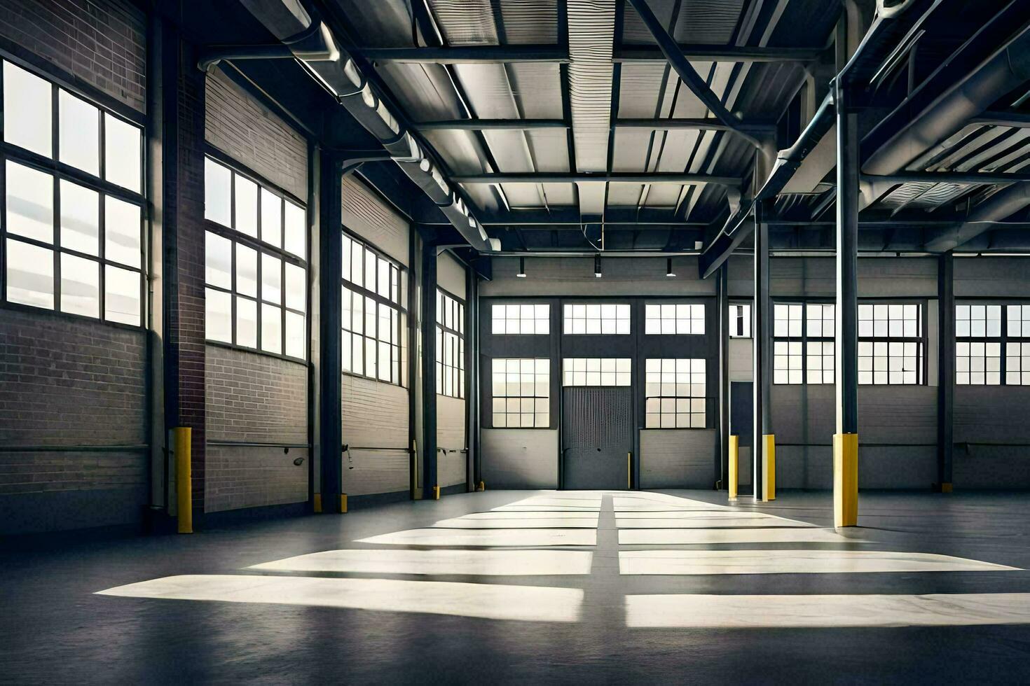 an empty warehouse with windows and a door. AI-Generated photo