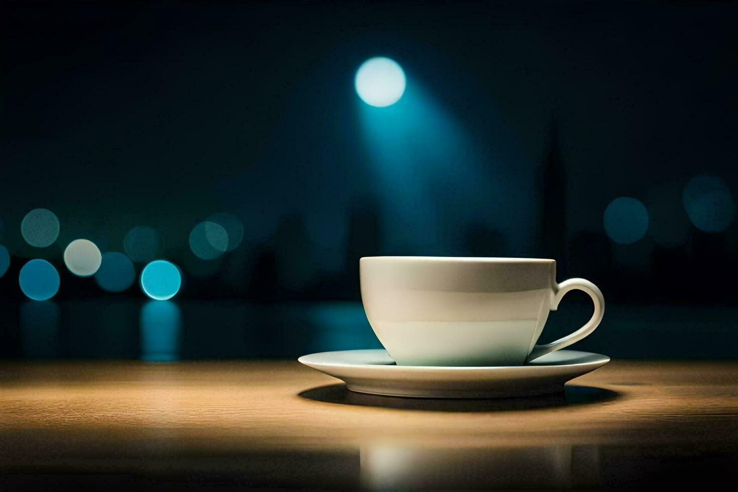 coffee cup on table with city lights in background. AI-Generated photo