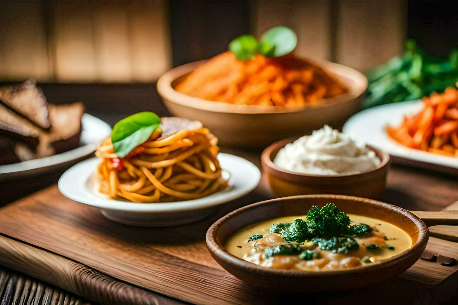 a wooden table with bowls of food and sauces. AI-Generated photo