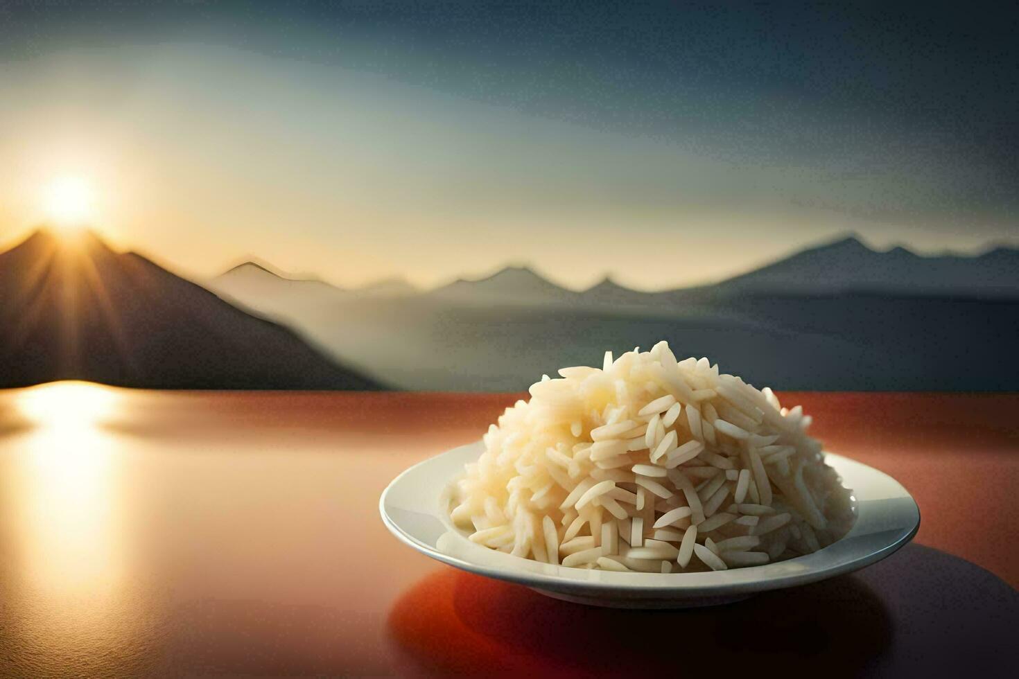 a plate of rice on a table in front of mountains. AI-Generated photo