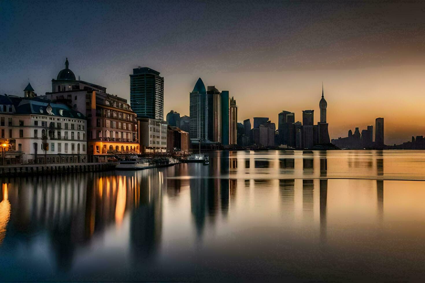 the city skyline is reflected in the water at sunset. AI-Generated photo