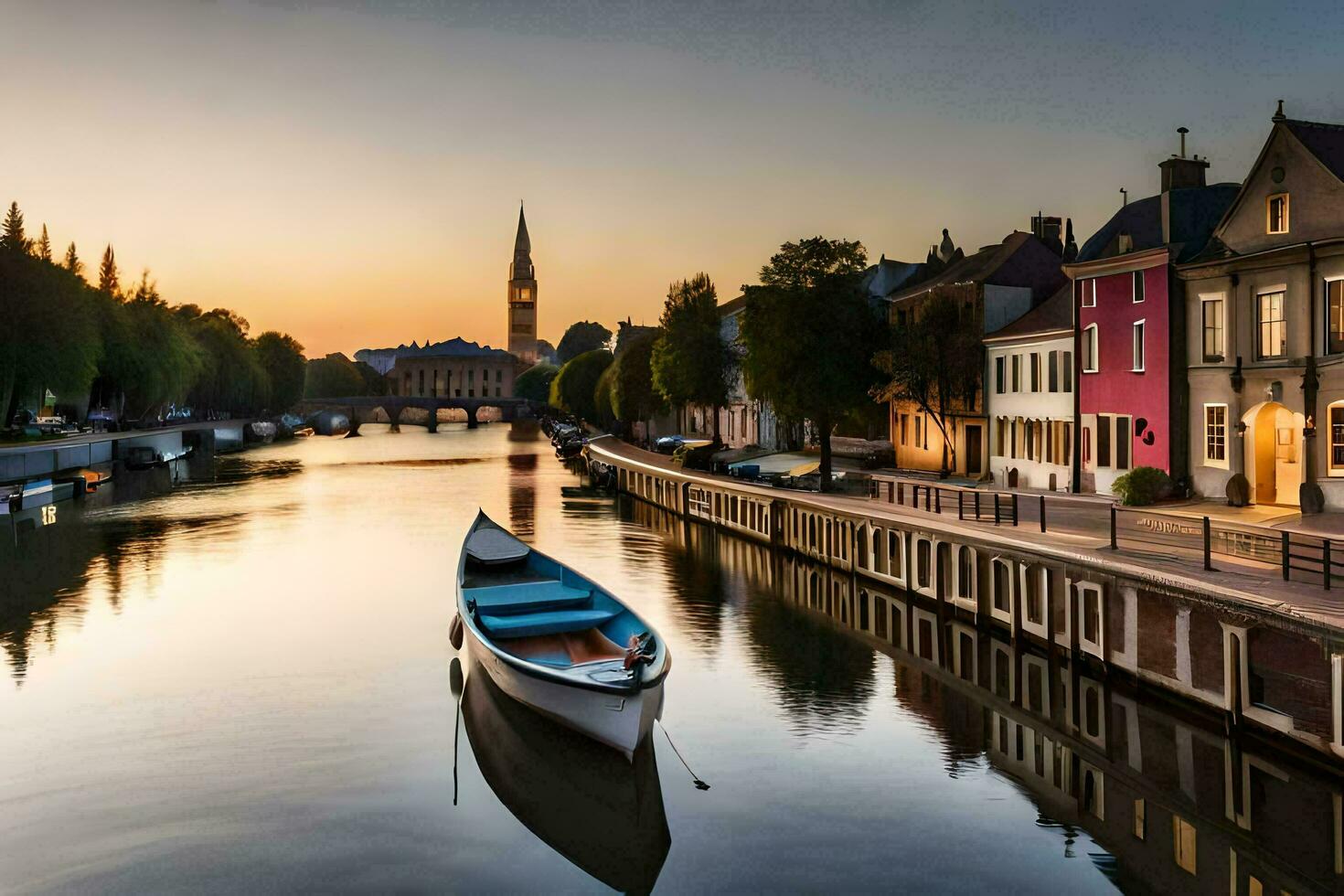 a boat is docked on a canal in a city at sunset. AI-Generated photo