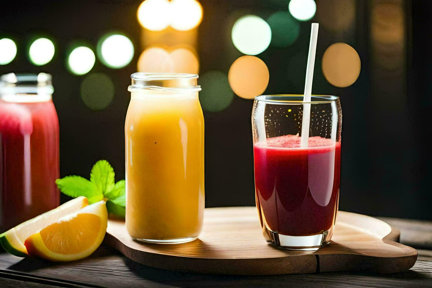 two glasses of juice and a slice of orange. AI-Generated photo