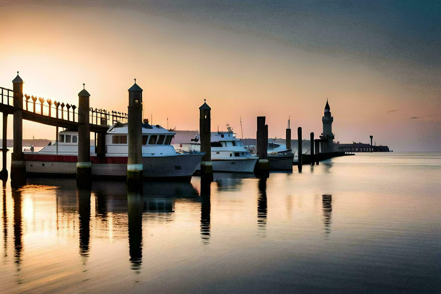 boats are docked at the pier at sunset. AI-Generated photo