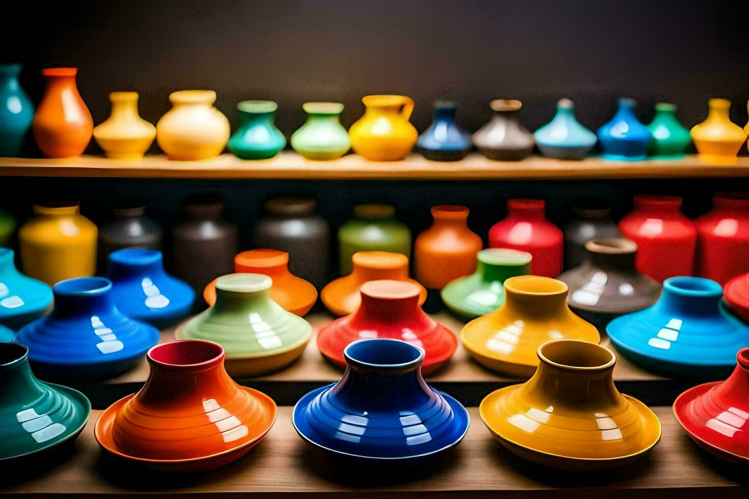 colorful vases on a shelf. AI-Generated photo