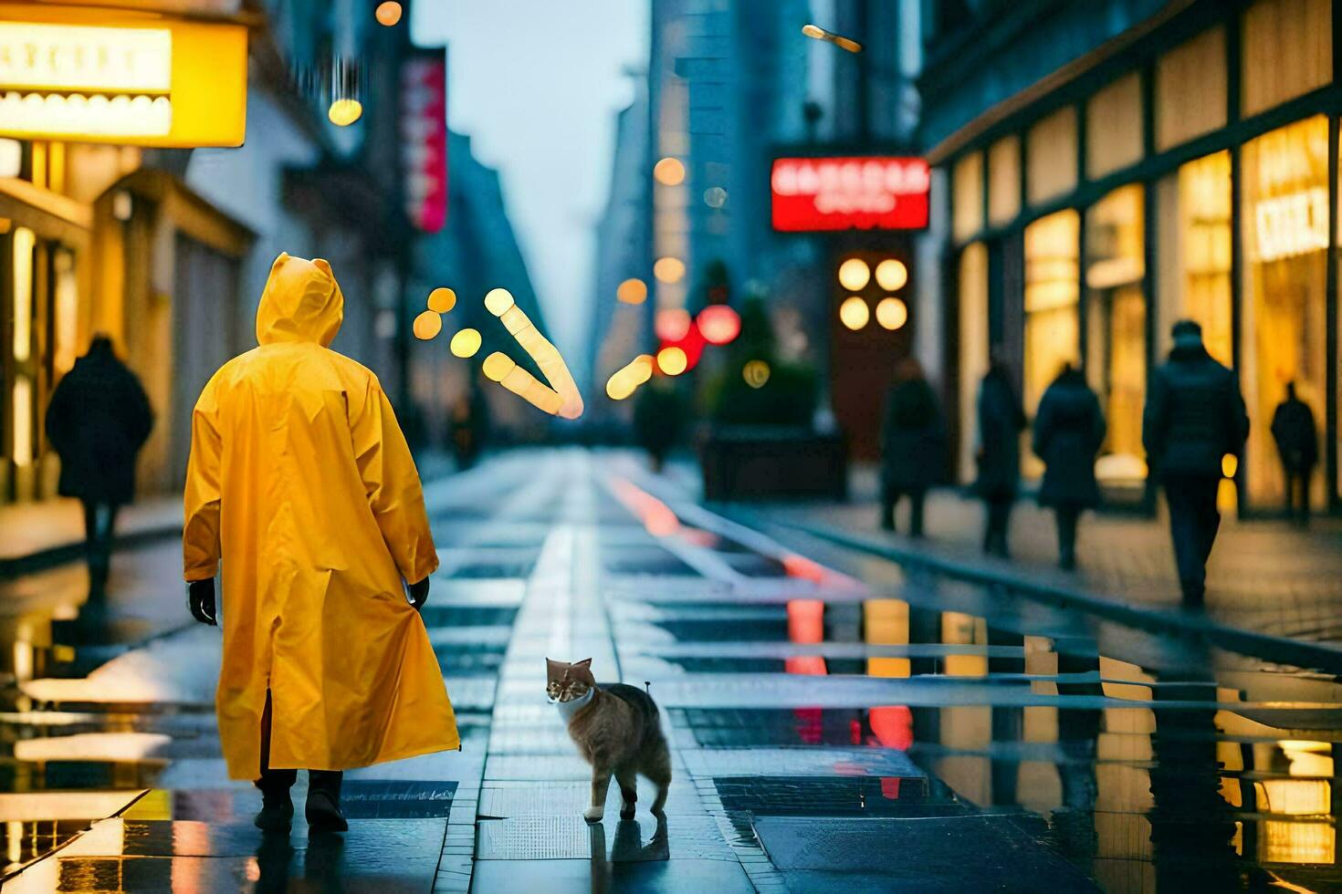a person in a yellow raincoat walking down a street with a cat. AI-Generated photo