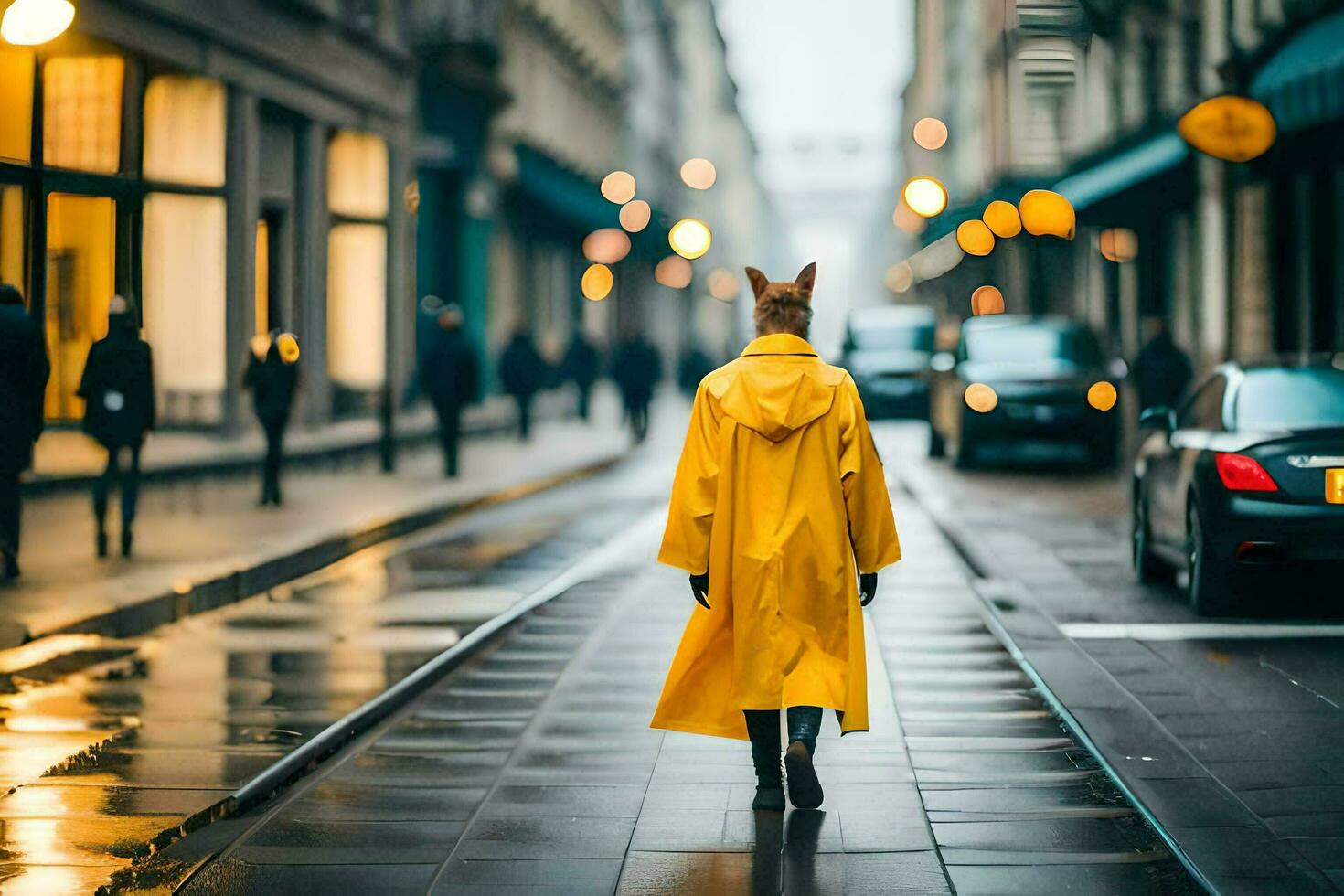 a woman in a yellow raincoat walking down a street. AI-Generated photo