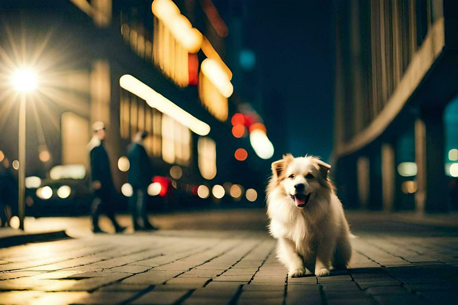 a dog is standing on a street at night. AI-Generated photo