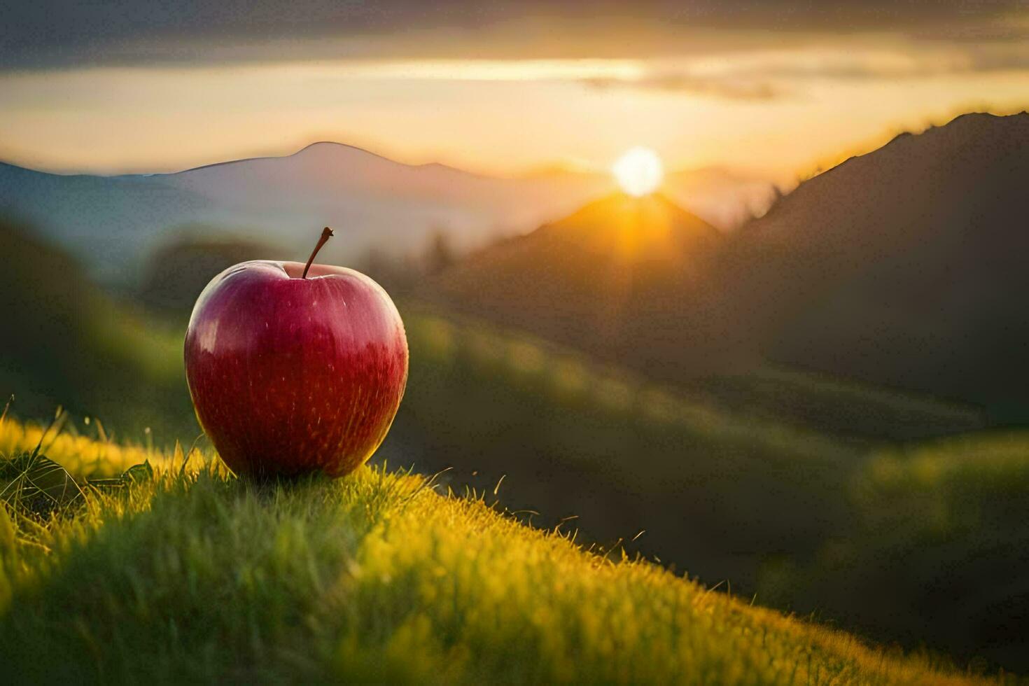 the apple, sunset, mountains, apple, nature, hd wallpaper. AIGenerated