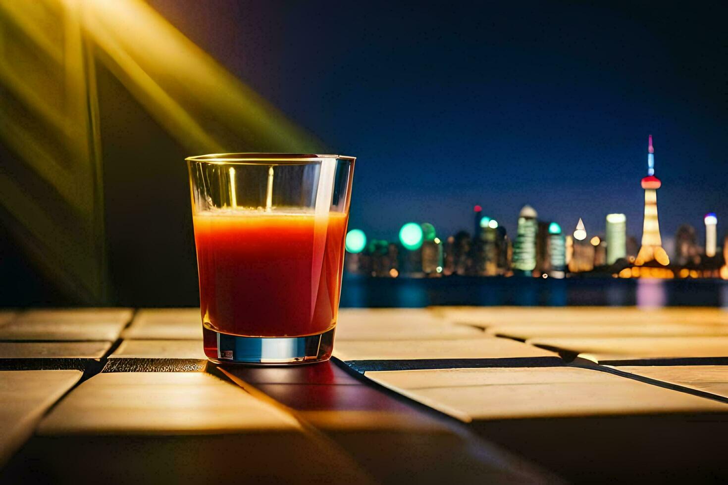 a glass of juice with a city skyline in the background. AI-Generated photo