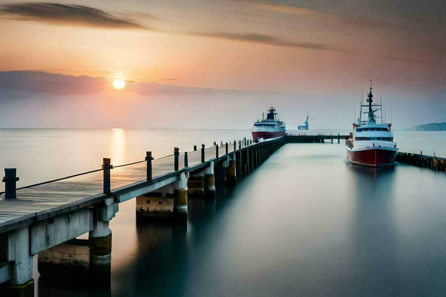 a long exposure photograph of two boats at the end of a pier. AI-Generated photo