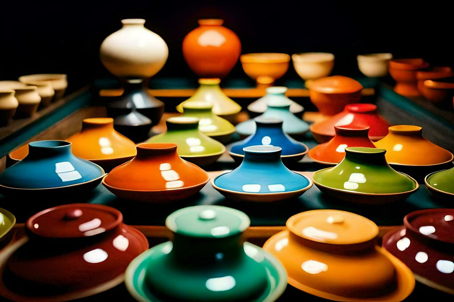 a collection of colorful ceramic vases. AI-Generated photo