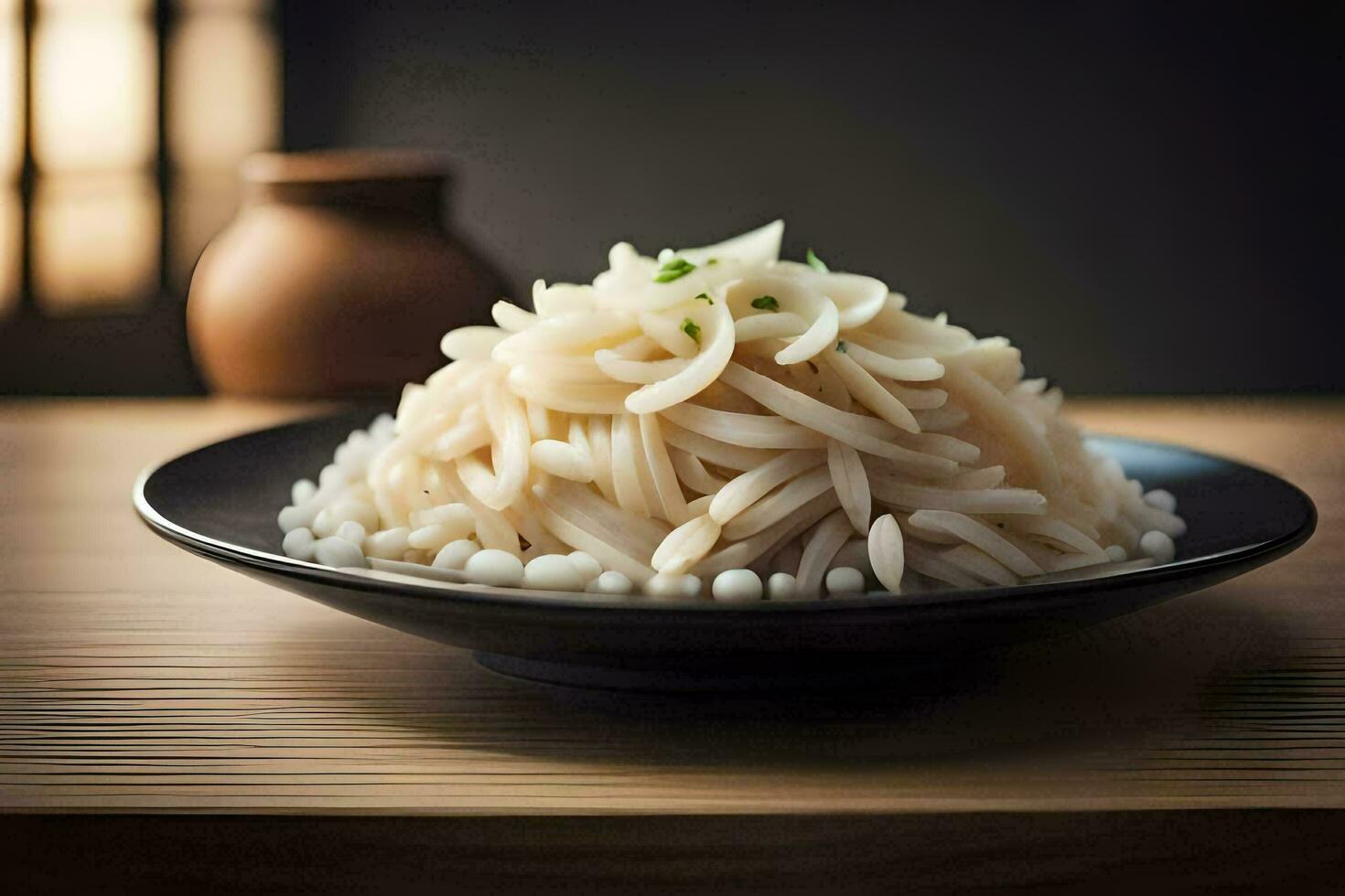 un cuenco de arroz y tallarines en un mesa. generado por ai foto