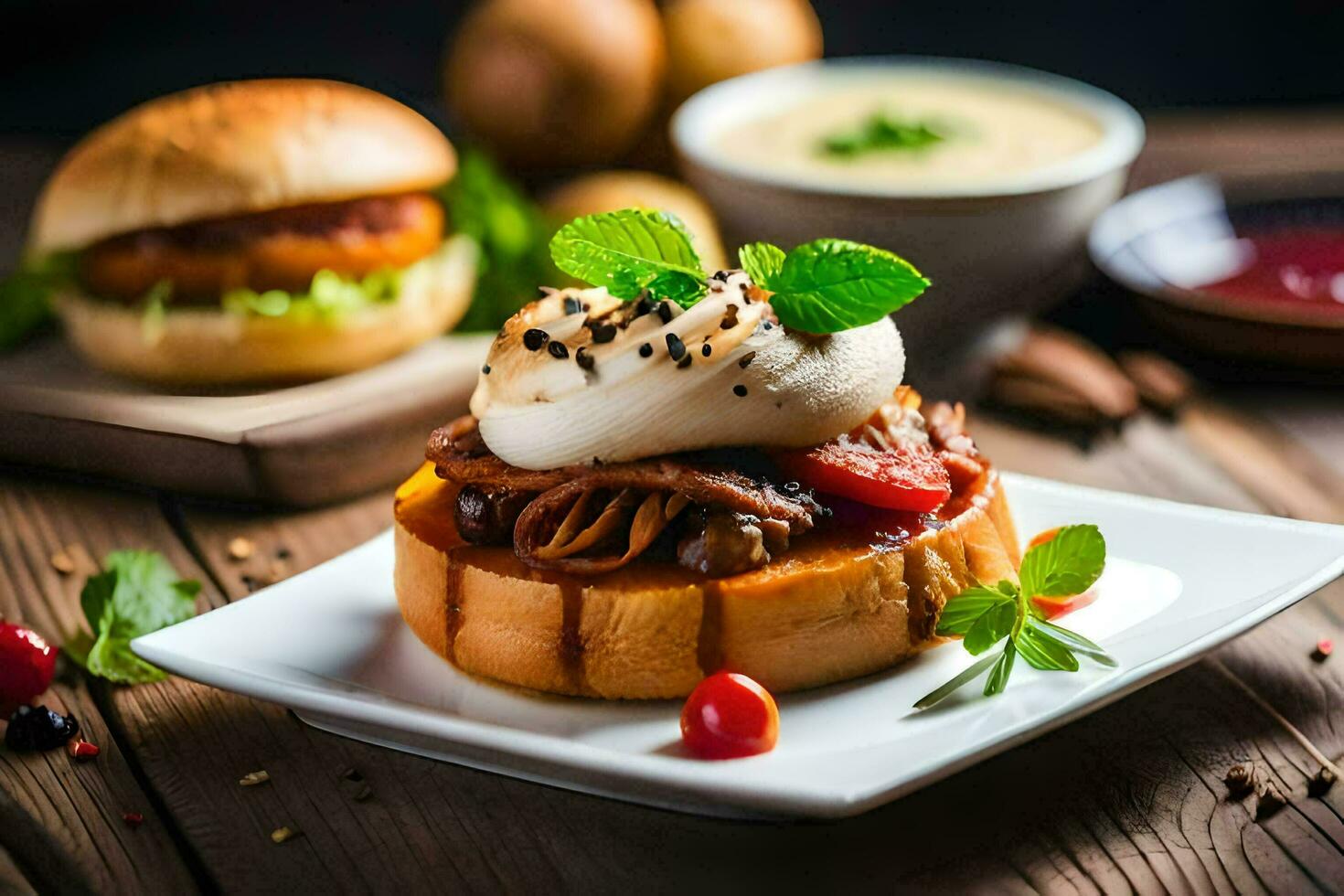 a sandwich with meat, vegetables and sauce on a white plate. AI-Generated photo