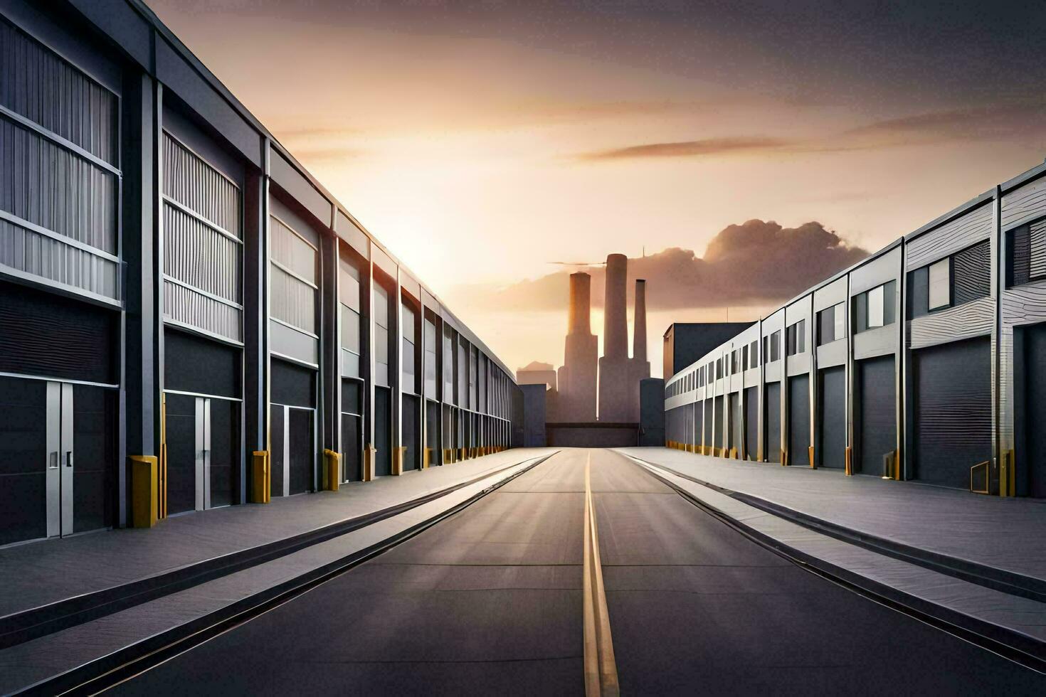 an empty warehouse with a factory building in the background. AI-Generated photo