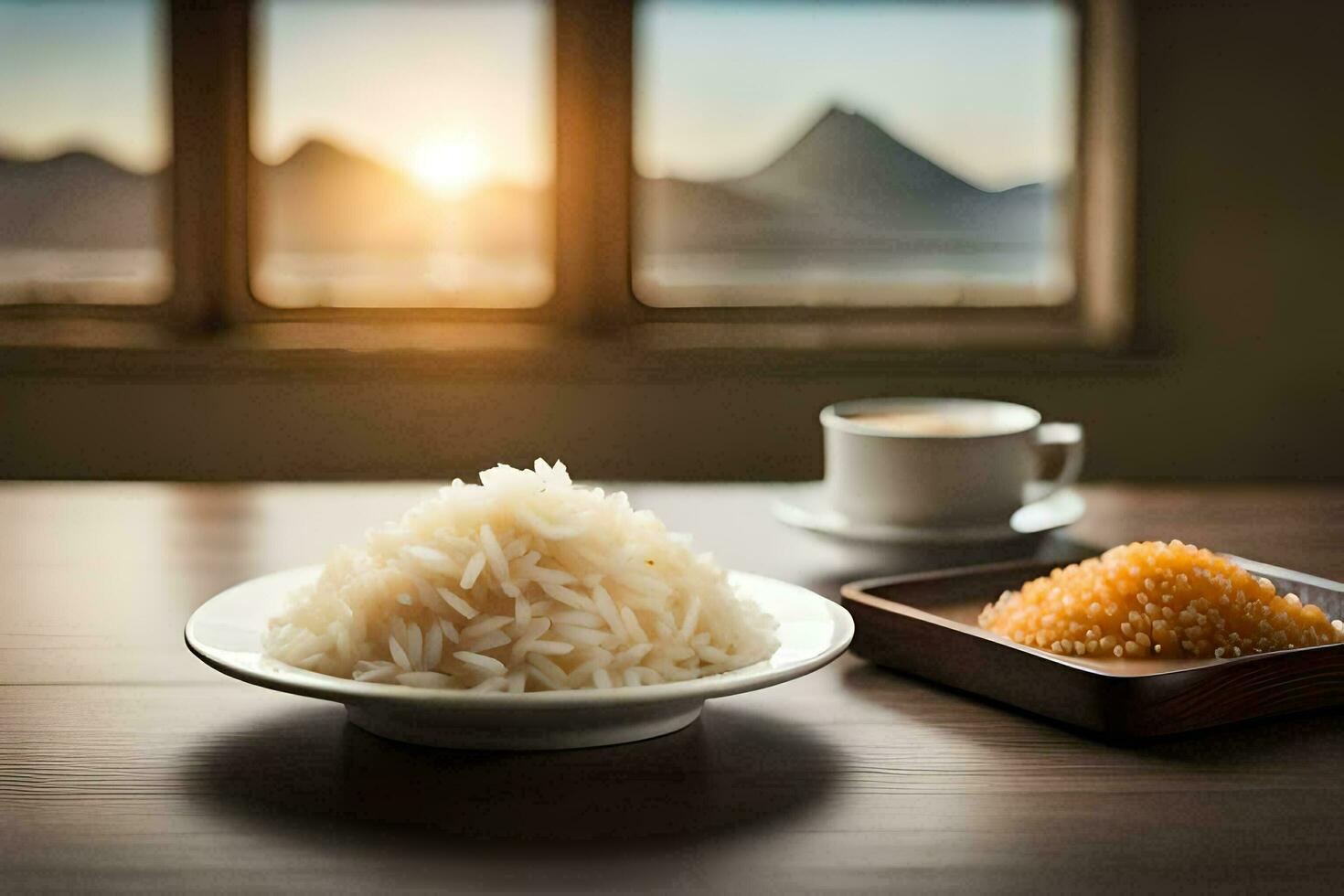 a bowl of rice and a cup of coffee on a table. AI-Generated photo