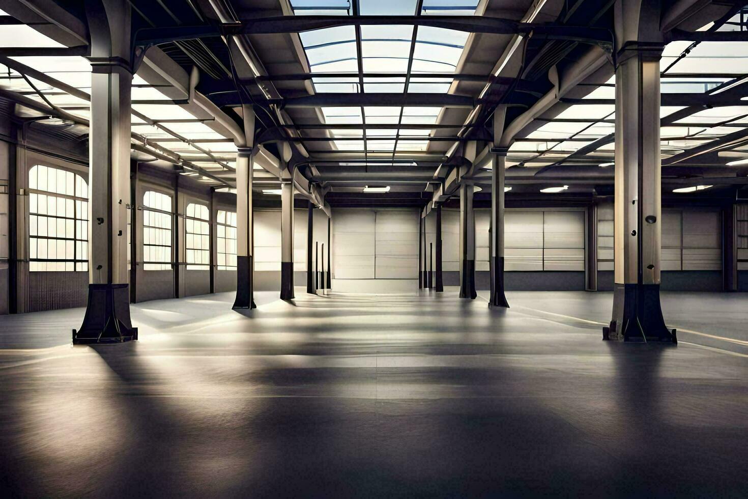 an empty warehouse with large windows and a large ceiling. AI-Generated photo