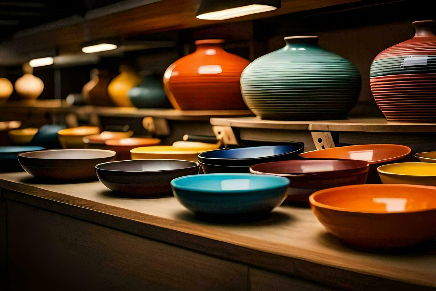 colorful bowls on a shelf in a store. AI-Generated photo