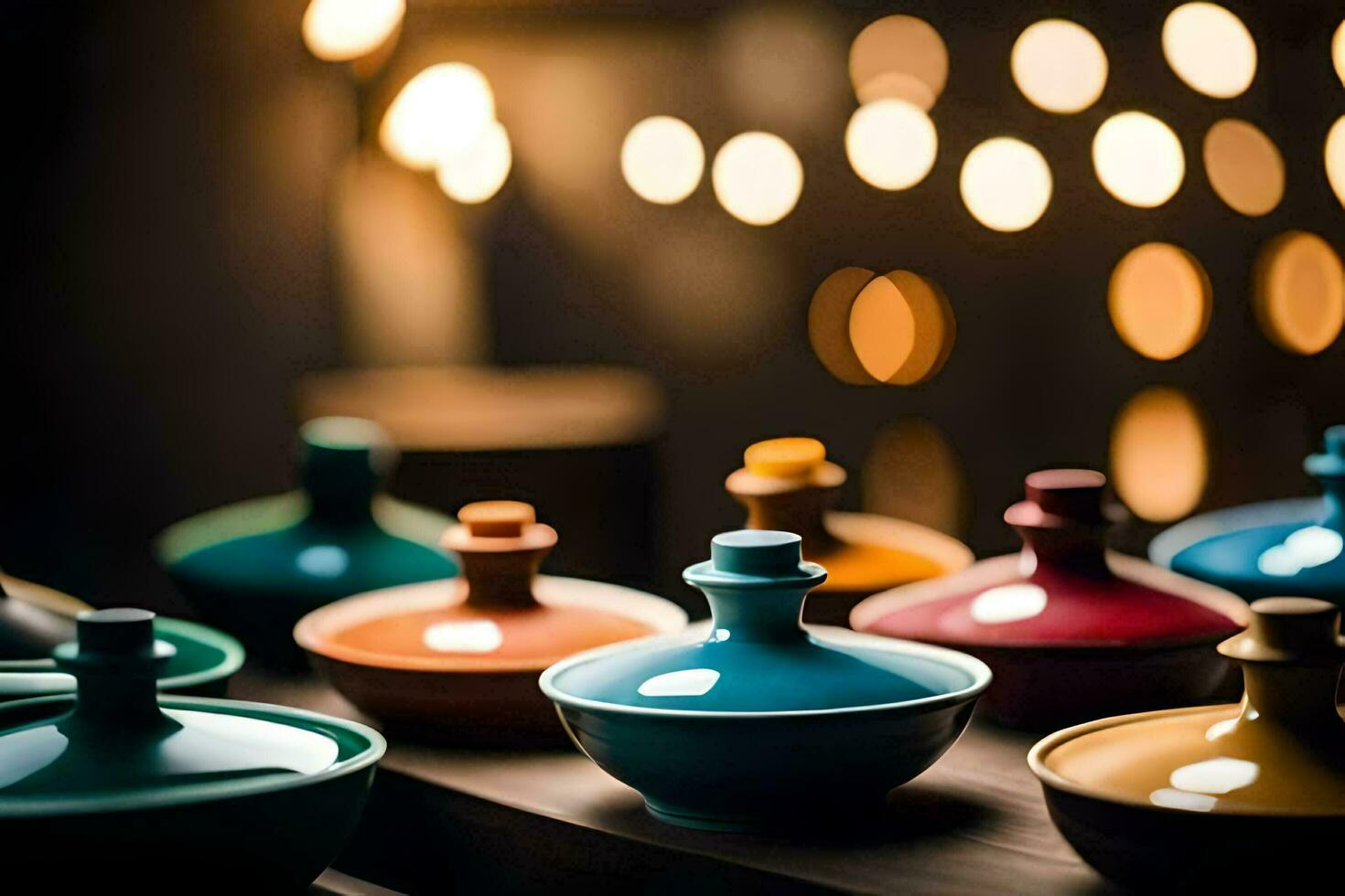 colorful bowls and lids sit on a table. AI-Generated photo