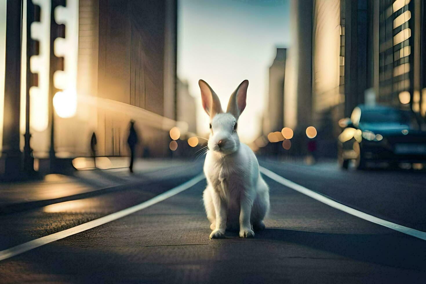 a white rabbit is sitting on the street in the middle of a city. AI-Generated photo