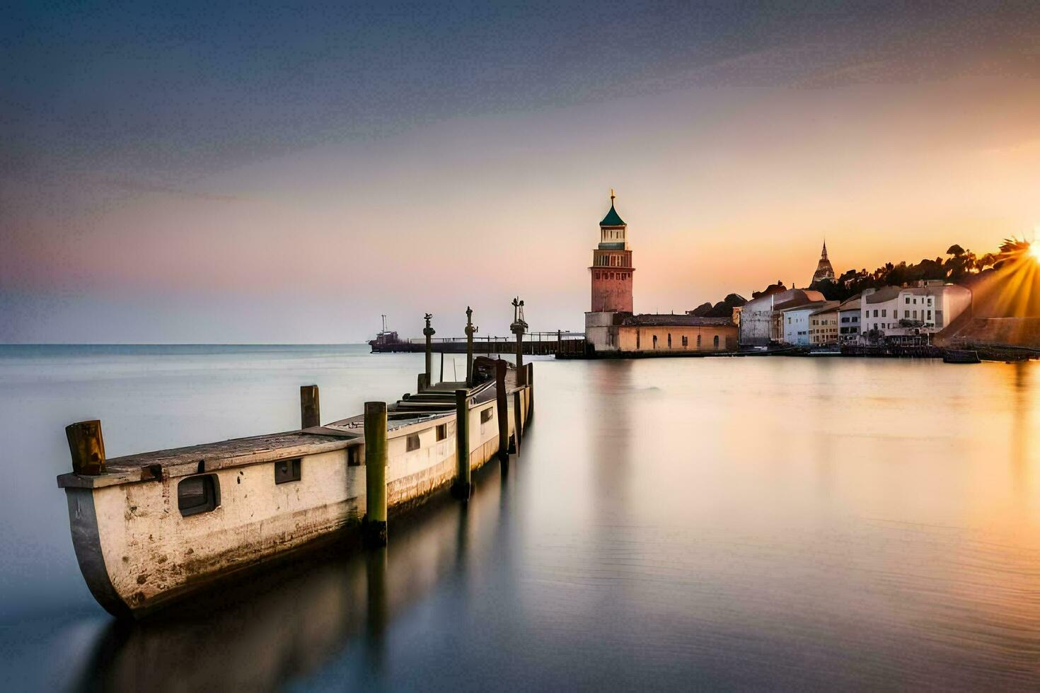 a long exposure photograph of a dock and a clock tower at sunset. AI-Generated photo