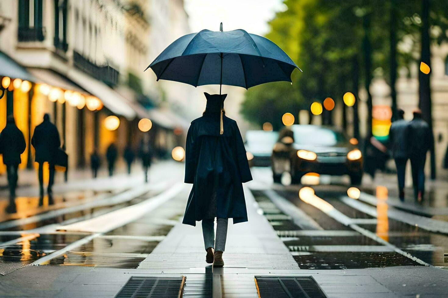 a person walking down a street with an umbrella. AI-Generated photo