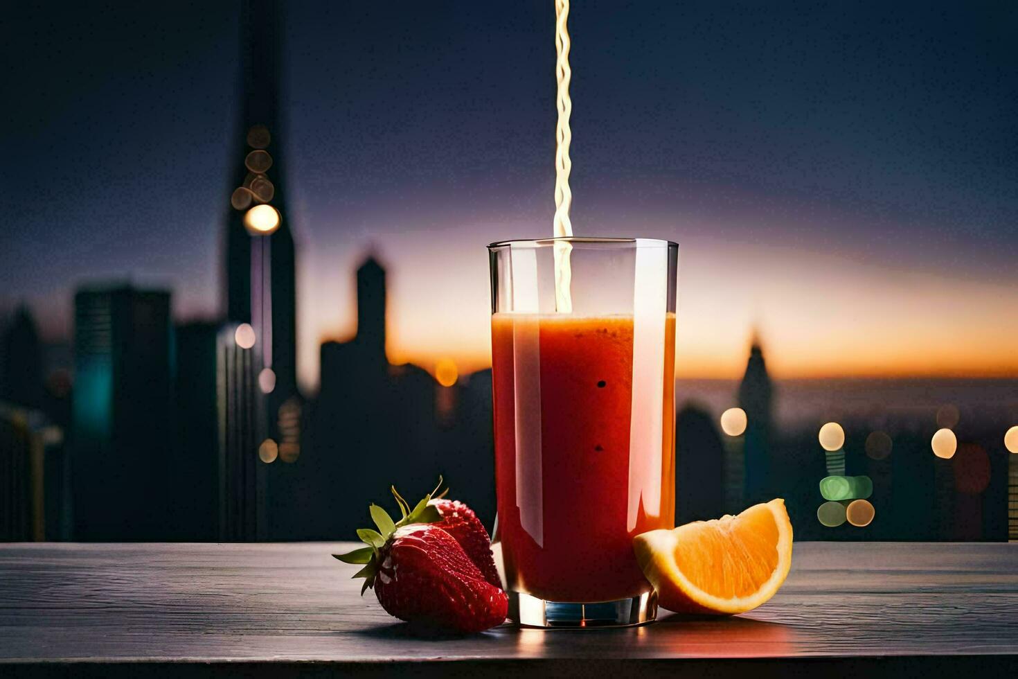 un vaso de jugo con un rebanada de naranja y un fresa. generado por ai foto