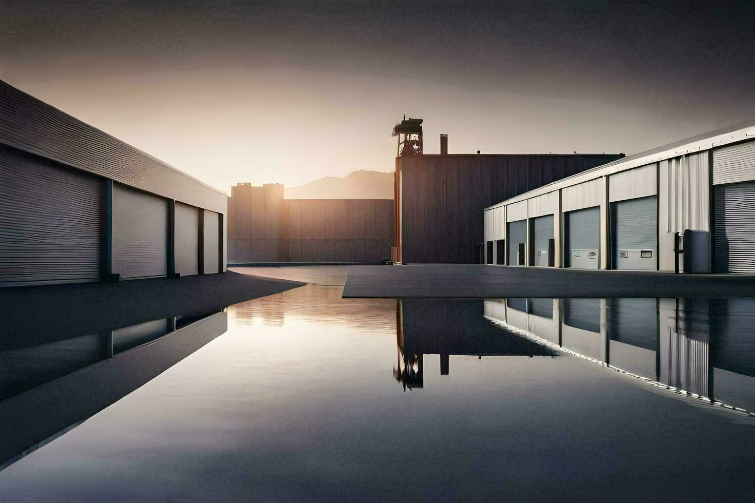 a warehouse with a large building in the background. AI-Generated photo
