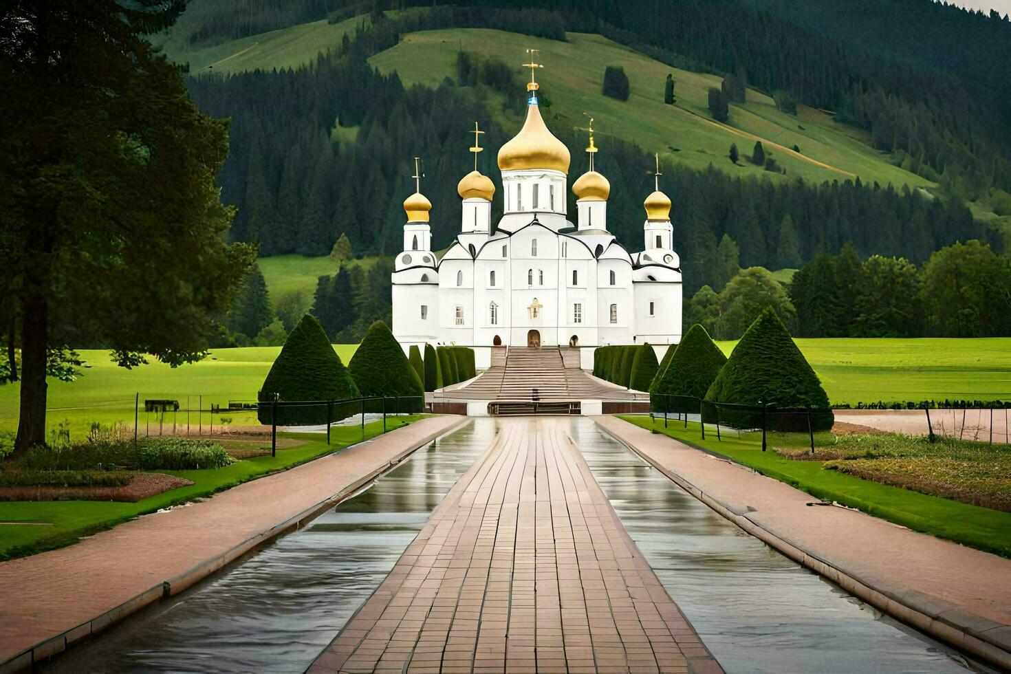 the white church is surrounded by green grass and trees. AI-Generated photo