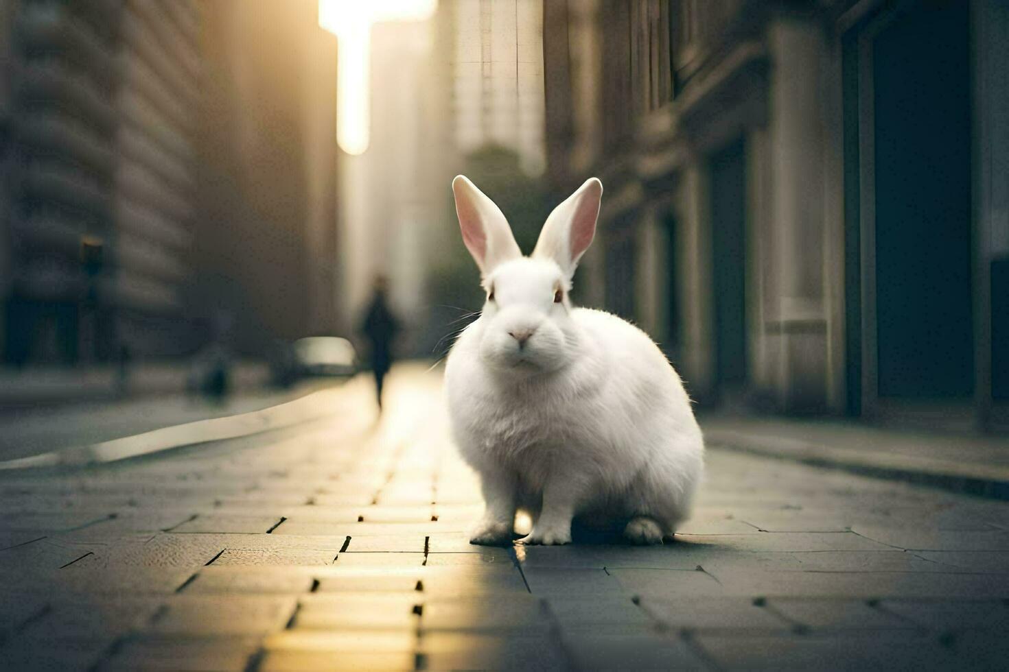 a white rabbit is standing on a street in the city. AI-Generated photo