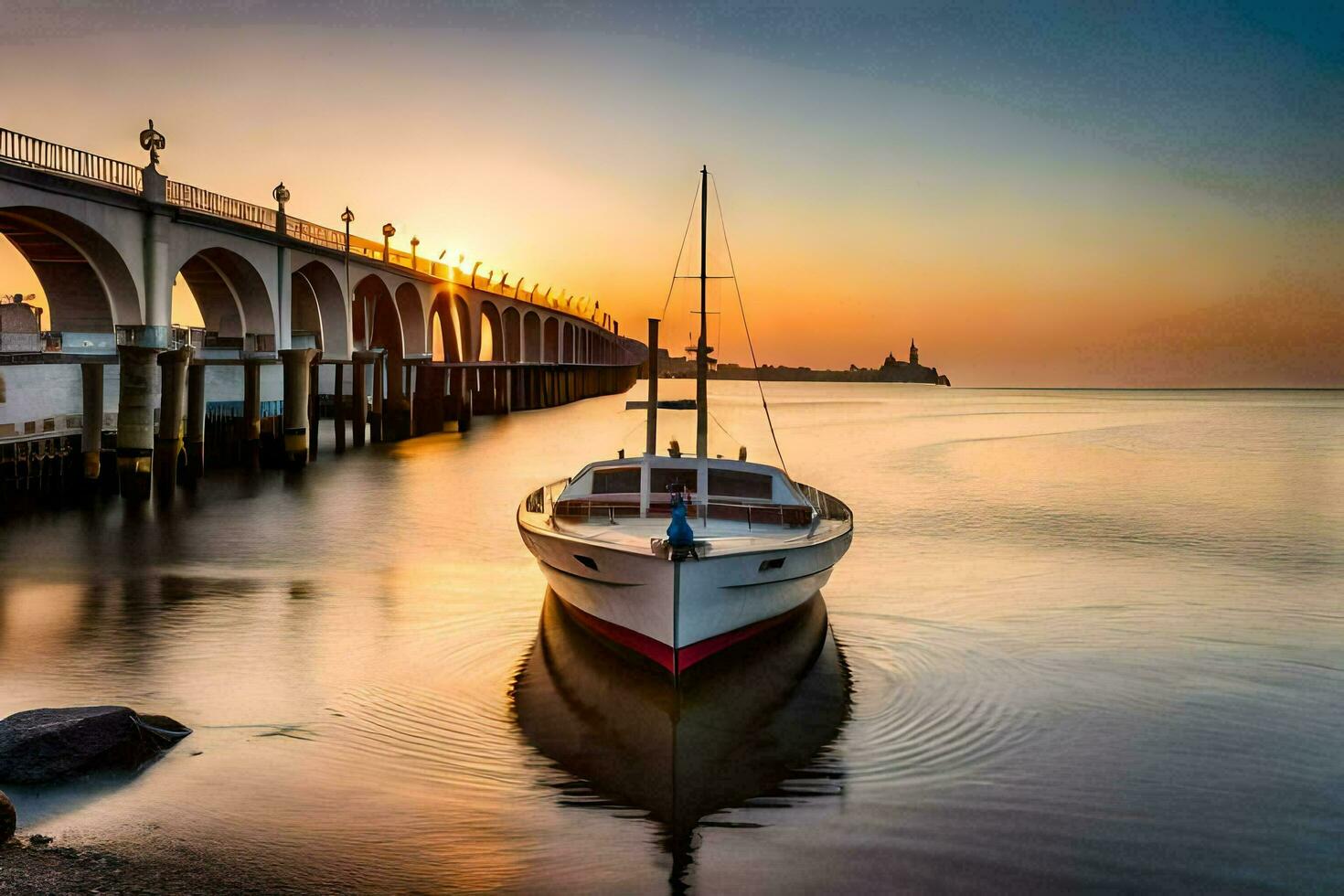 a boat sits in the water at sunset. AI-Generated photo