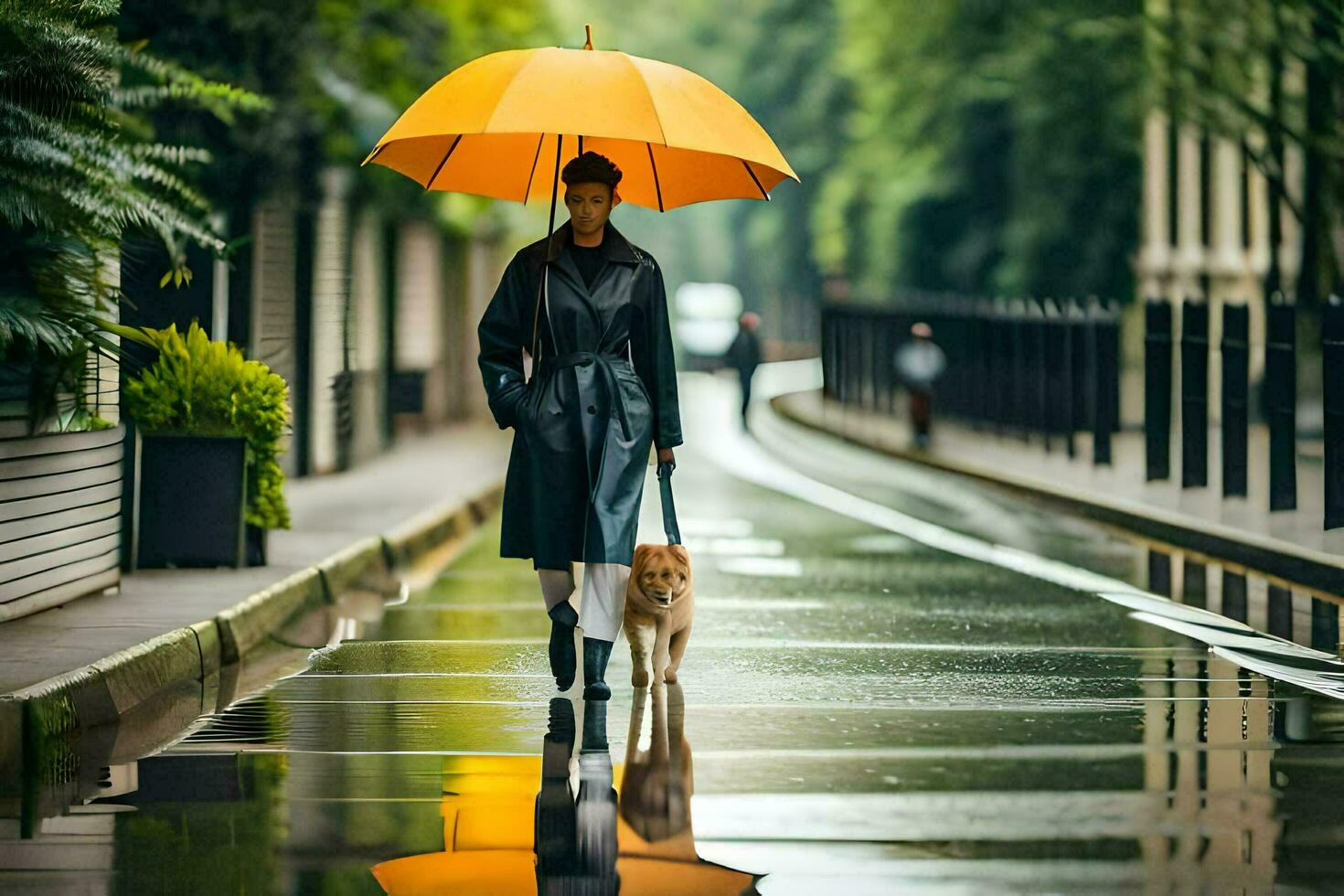 a woman walking her dog in the rain with an umbrella. AI-Generated photo