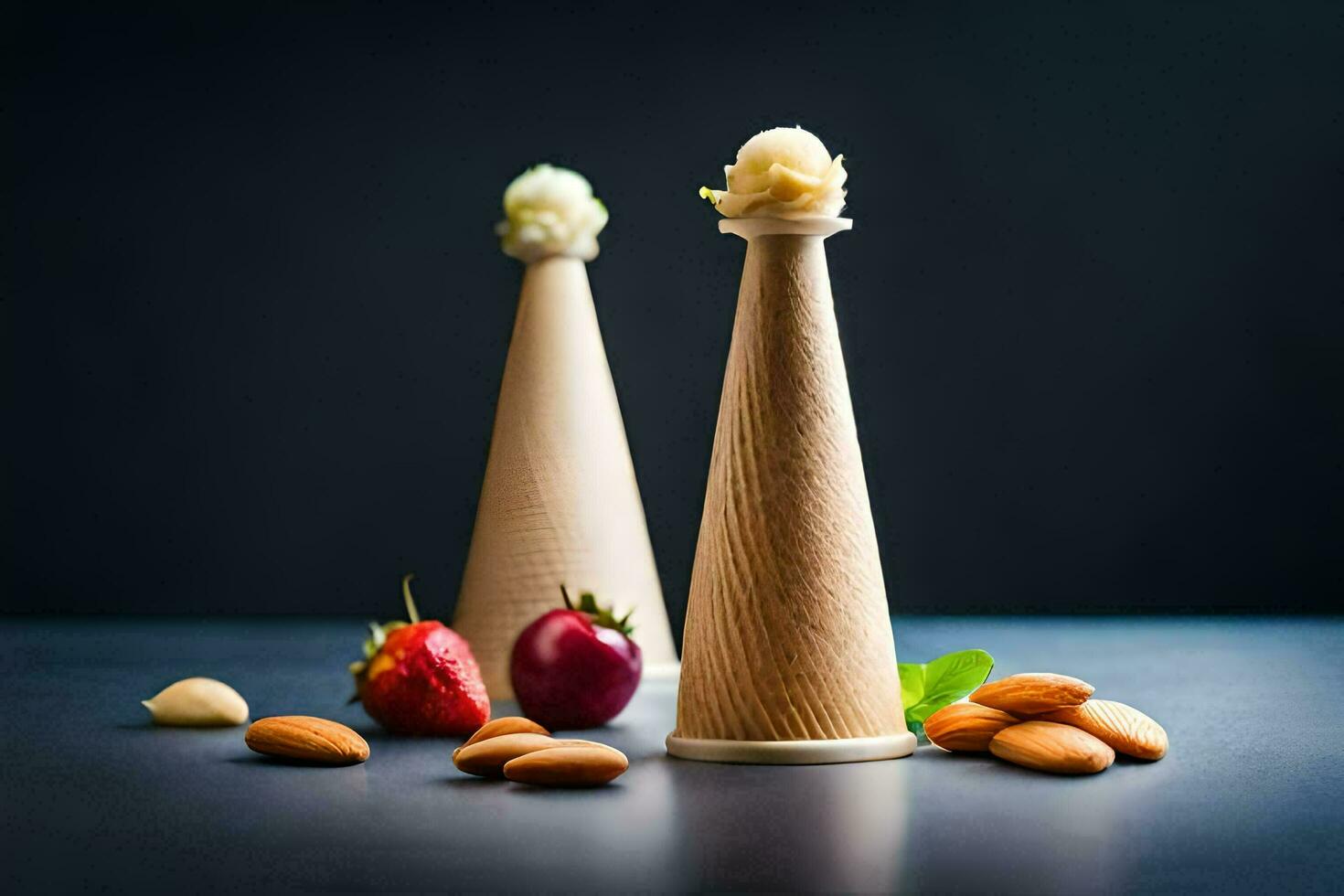 two cones with almond and strawberries on top. AI-Generated photo
