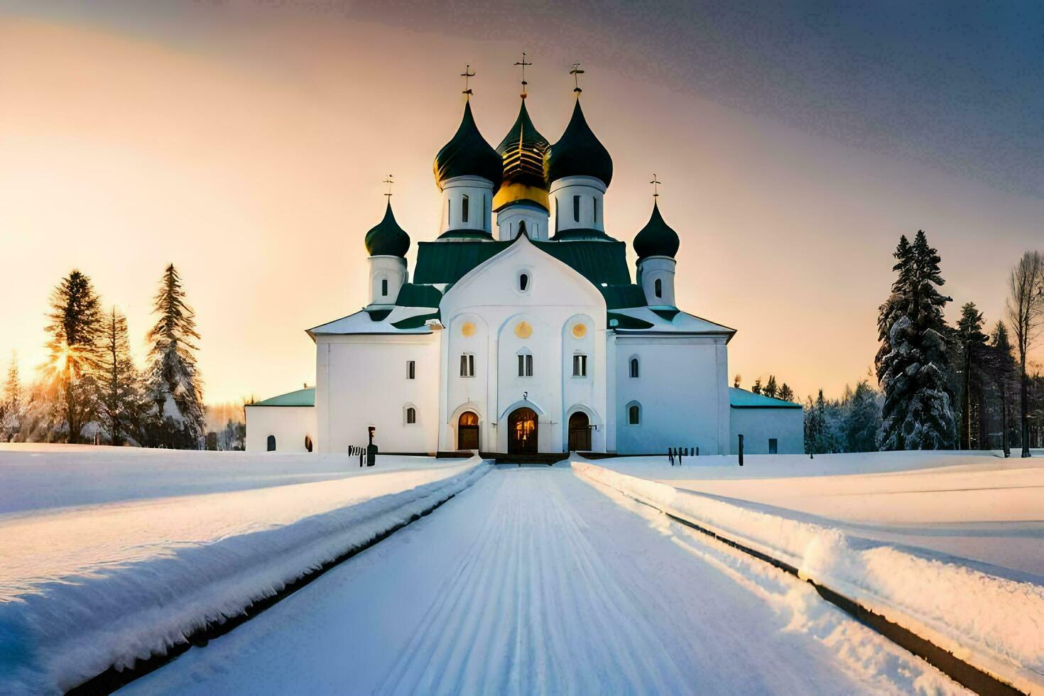 a church in the snow with a golden dome. AI-Generated photo