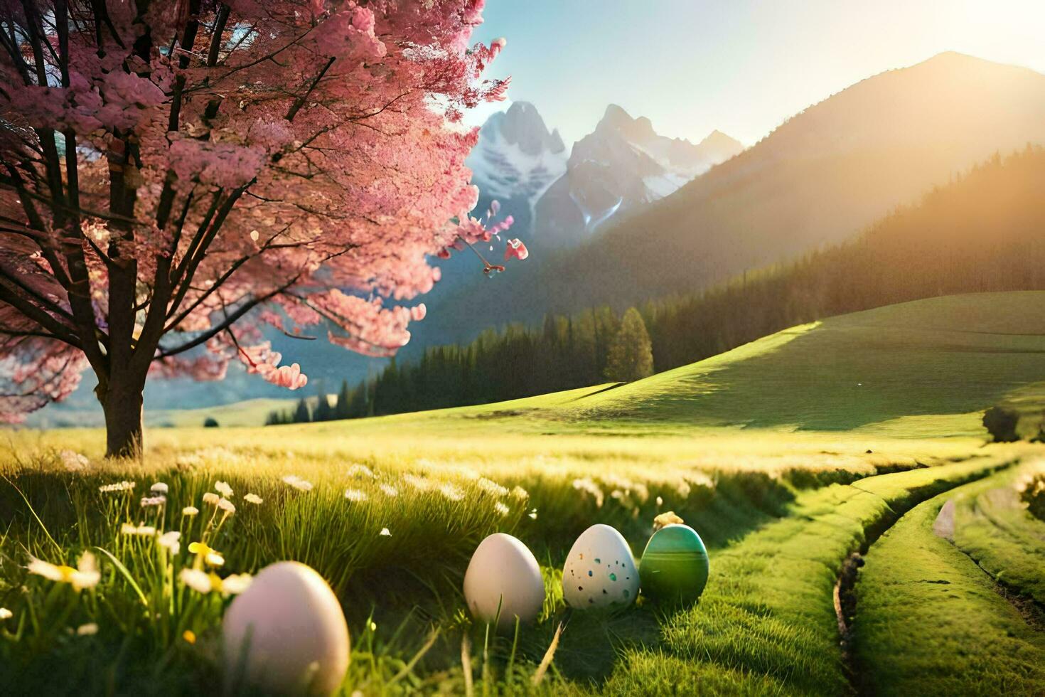 easter eggs in a field with trees and mountains. AI-Generated photo