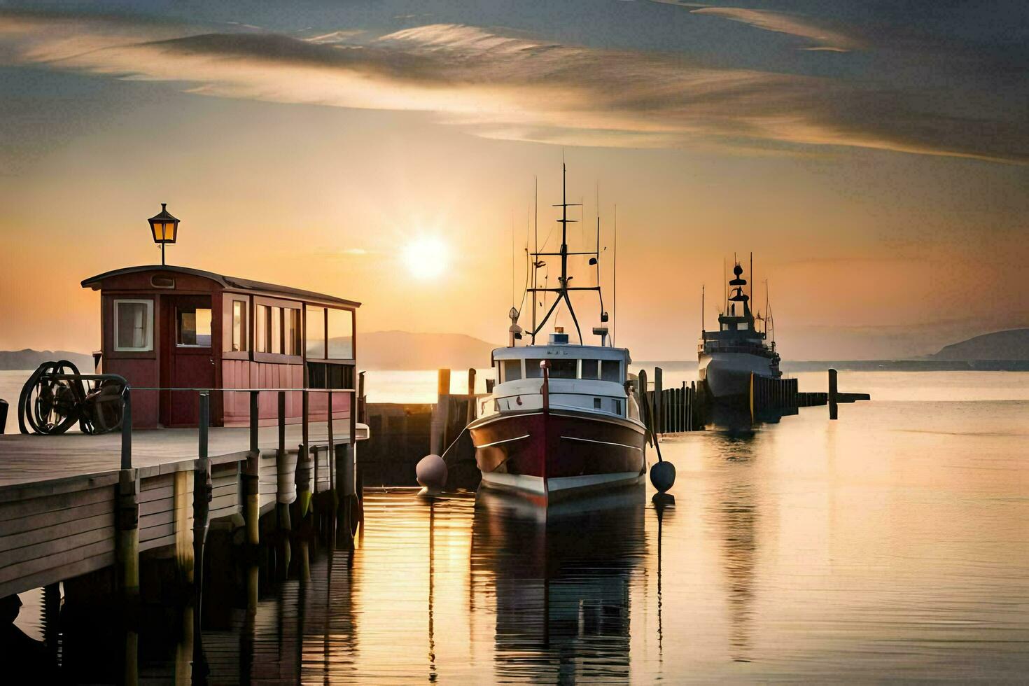 boats docked at the pier at sunset. AI-Generated photo