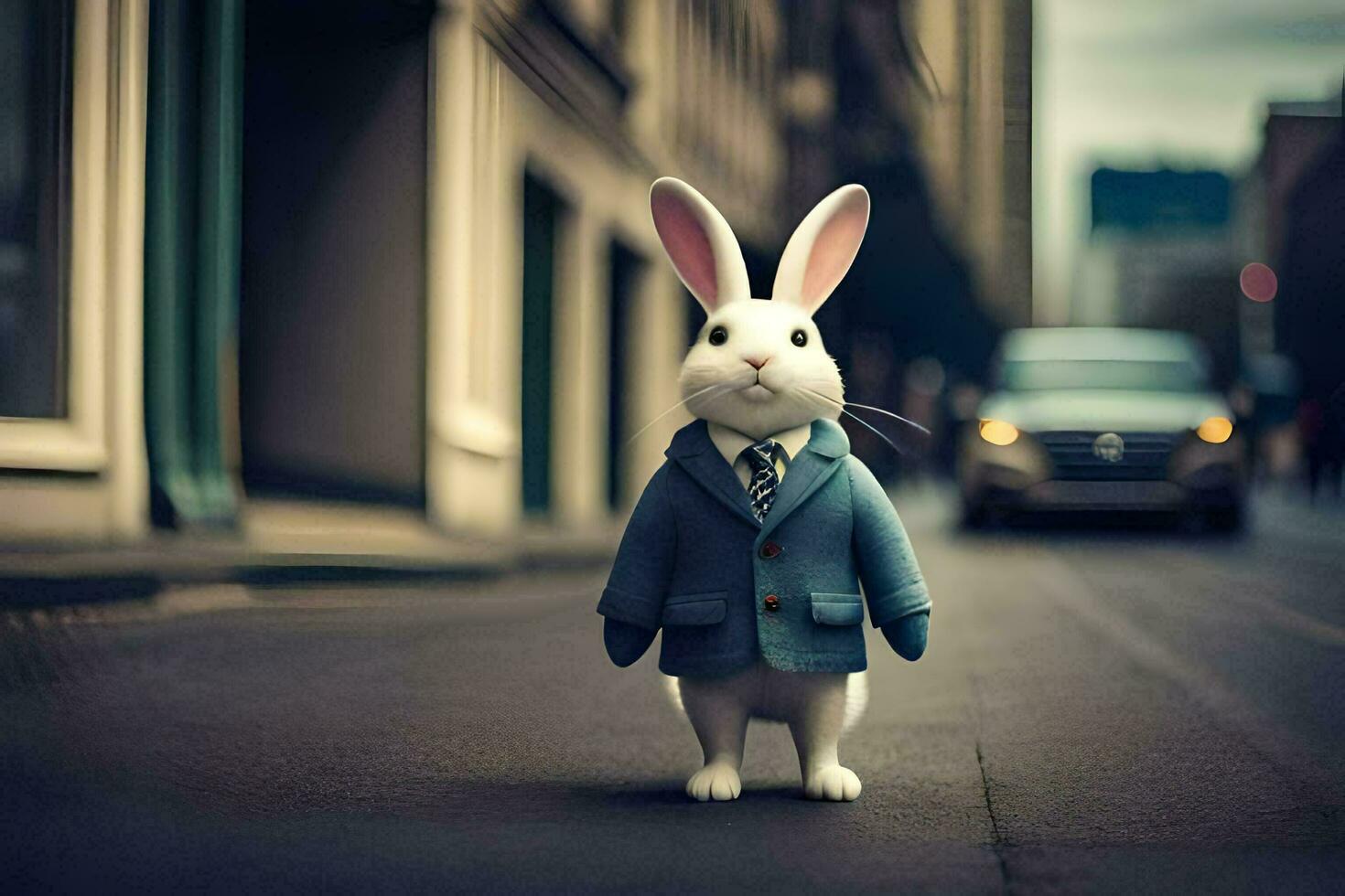 a white rabbit wearing a suit and tie on the street. AI-Generated photo