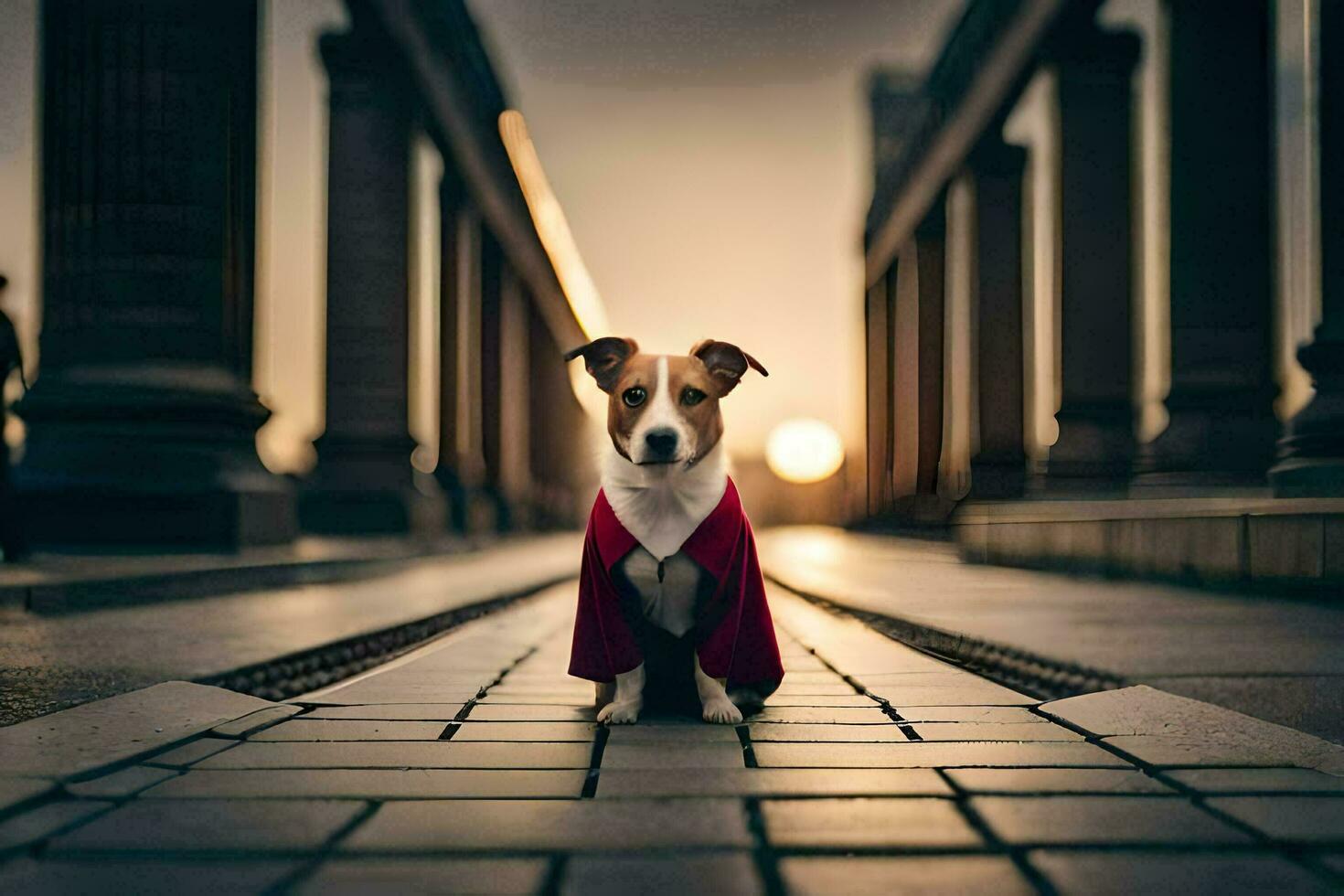 un perro vistiendo un rojo capa en pie en un calle. generado por ai foto