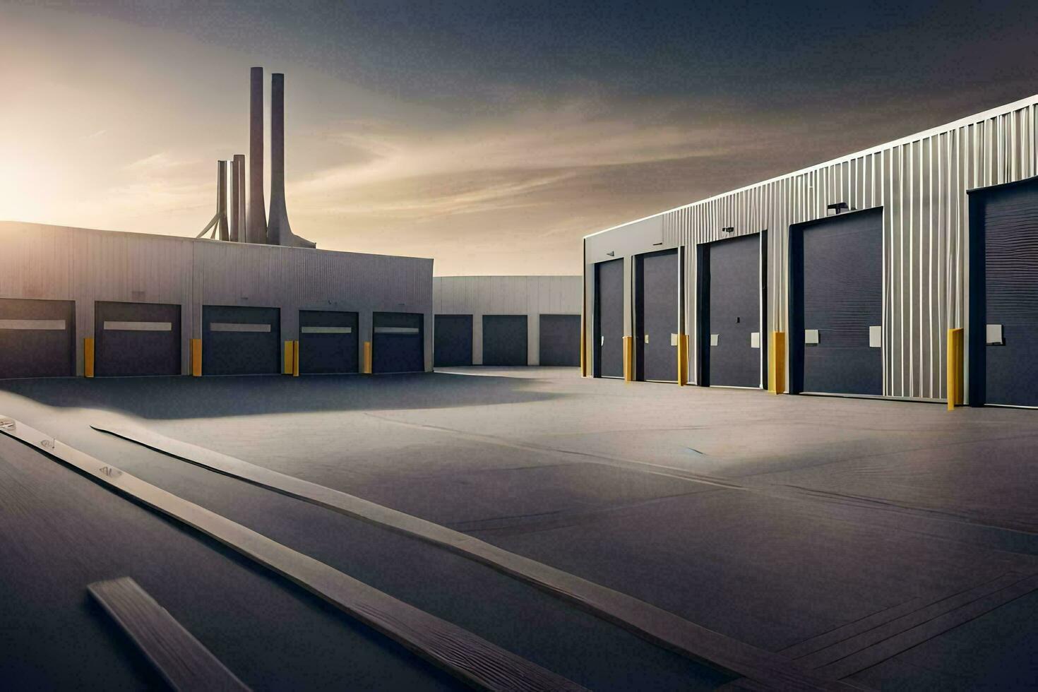a large warehouse with two doors and a large building. AI-Generated photo