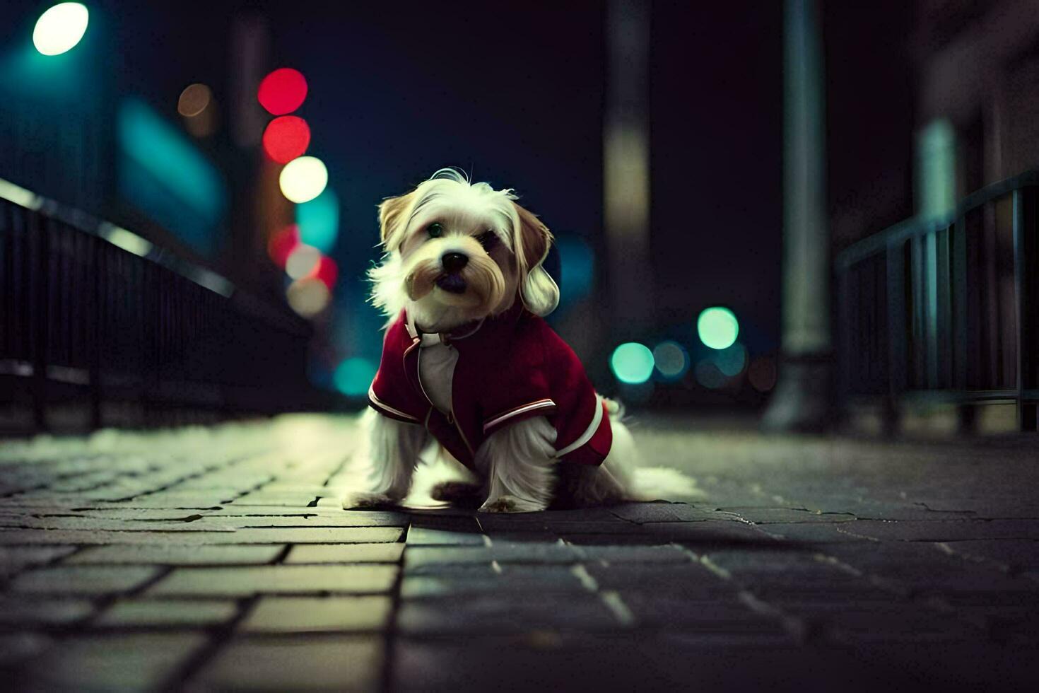 a small dog in a red jacket sitting on the sidewalk at night. AI-Generated photo